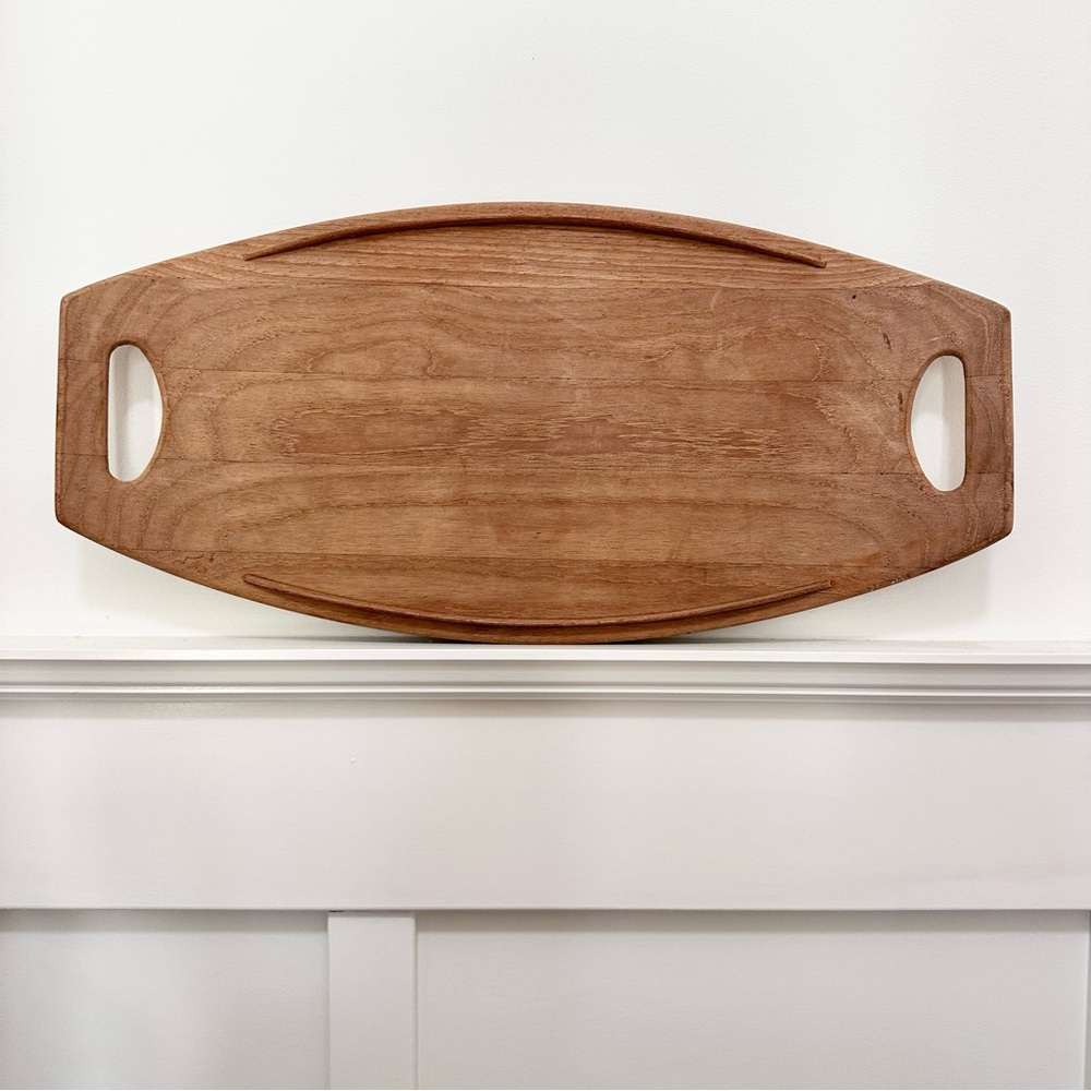 Vintage Danish MCM Wood Serving Tray Handles Natural Brown Staved Teak Dansk